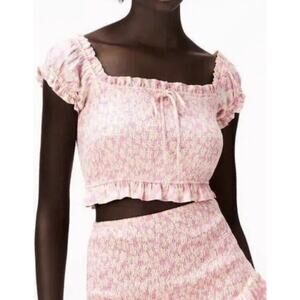 New Zara Women's Pink Yellow Floral Smocked Ruffle Cropped Off Shoulder Top XL